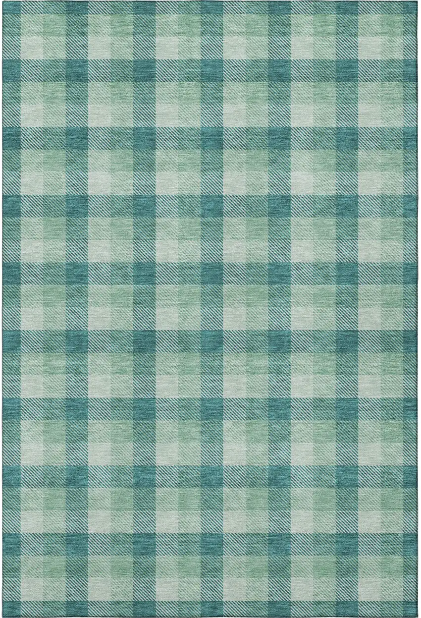 Aqua Ivory And Green Plaid Washable Area Rug With UV Protection Photo 3