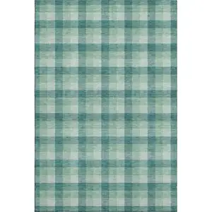 Photo of Aqua Ivory And Green Plaid Washable Area Rug With UV Protection
