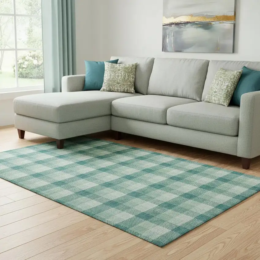 Aqua Ivory And Green Plaid Washable Area Rug With UV Protection Photo 2