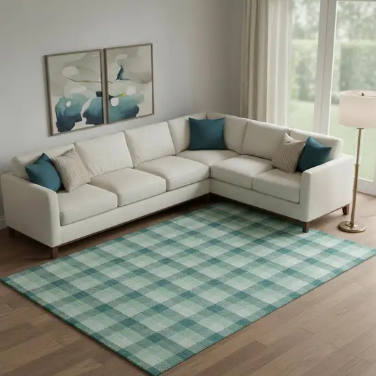 Aqua Ivory And Green Plaid Washable Area Rug With UV Protection Photo 2