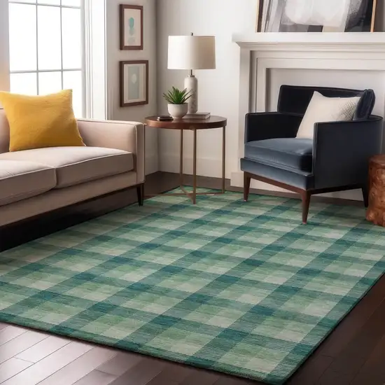 Aqua Ivory And Green Plaid Washable Area Rug With UV Protection Photo 3