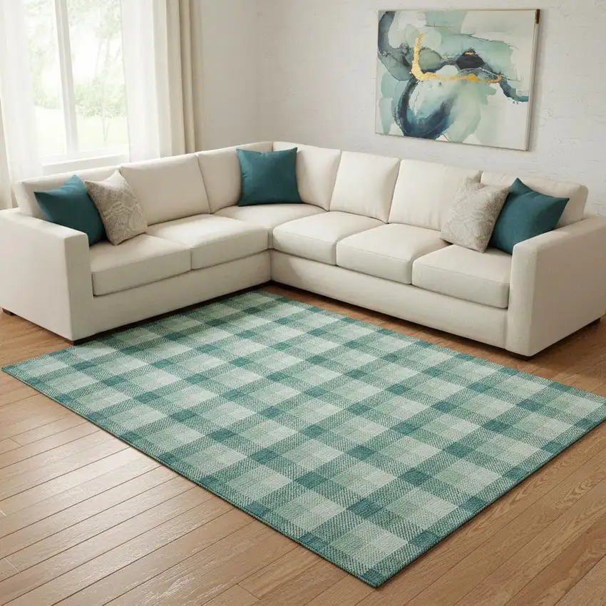 Aqua Ivory And Green Plaid Washable Area Rug With UV Protection Photo 2