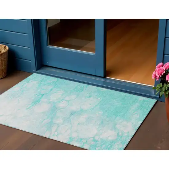 Aqua Ivory And Teal Blue Abstract Washable Indoor Outdoor Area Rug Photo 1