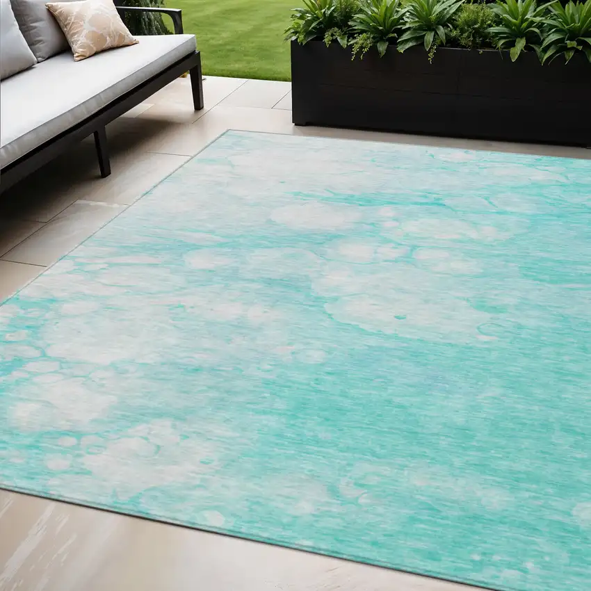 Aqua Ivory And Teal Blue Abstract Washable Indoor Outdoor Area Rug Photo 1