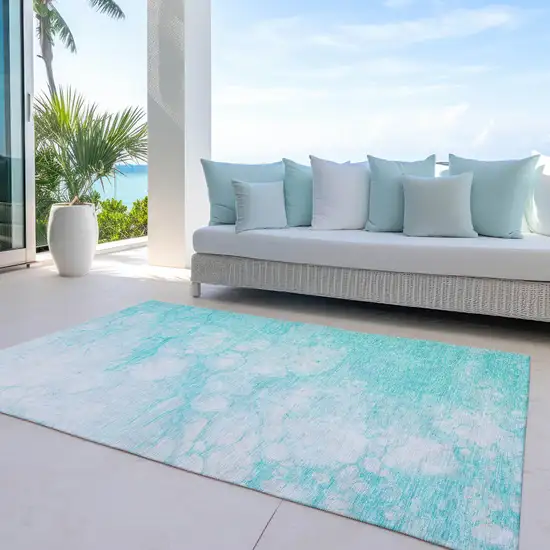 Aqua Ivory And Teal Blue Abstract Washable Indoor Outdoor Area Rug Photo 8