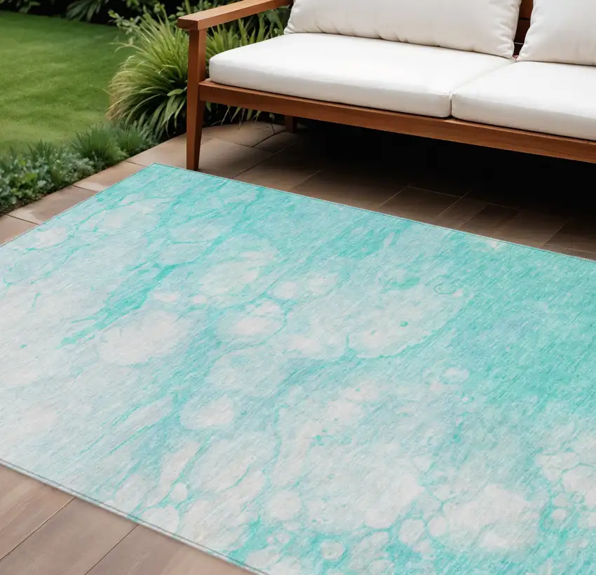 Aqua Ivory And Teal Blue Abstract Washable Indoor Outdoor Area Rug Photo 1