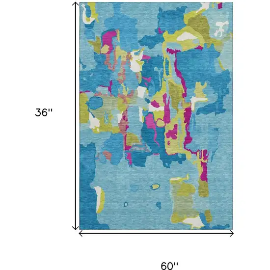 Aqua Lime Green And Pink Abstract Washable Area Rug With UV Protection Photo 9