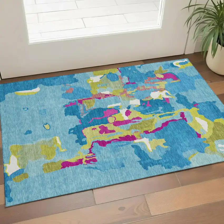 Aqua Lime Green And Pink Abstract Washable Area Rug With UV Protection Photo 1