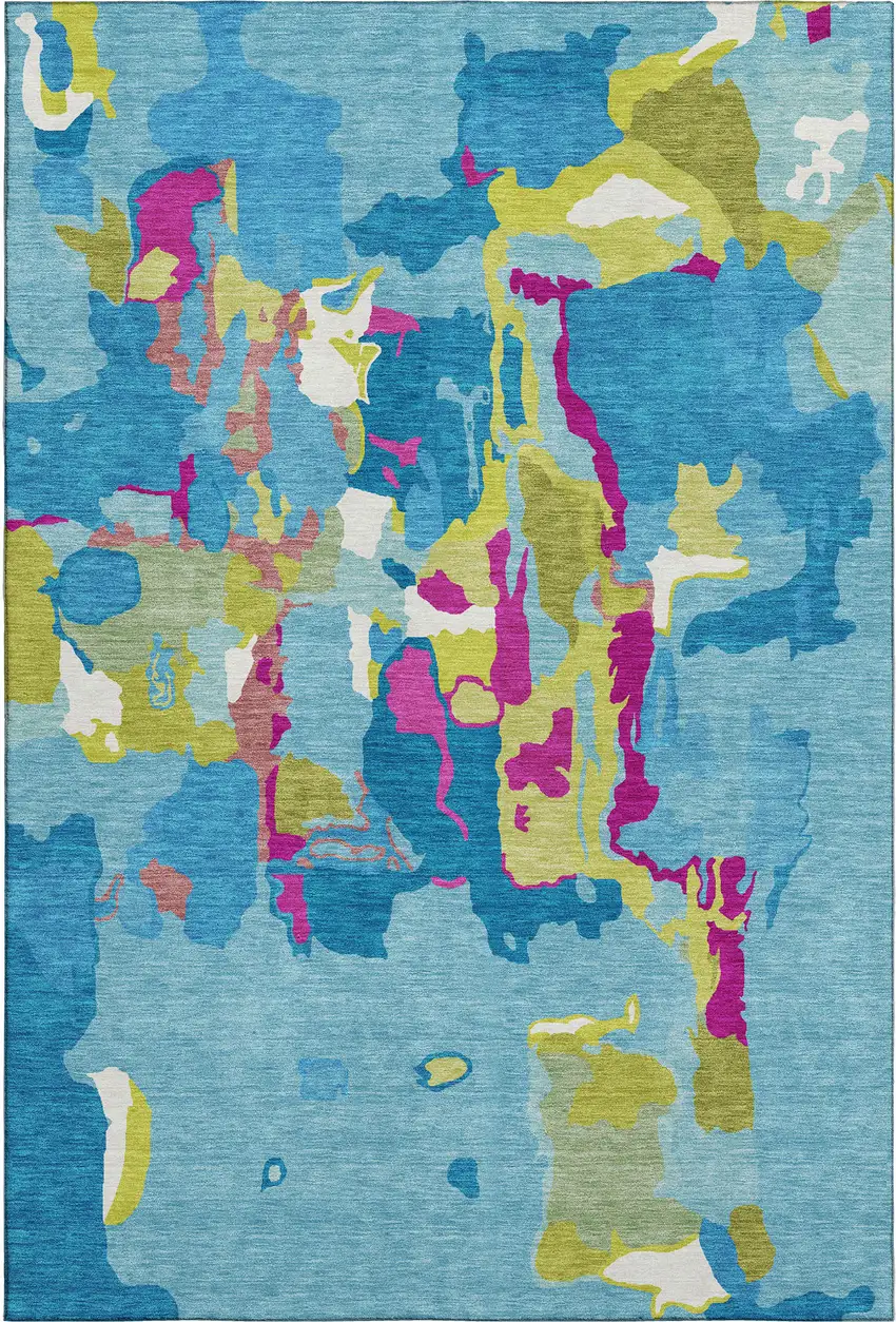 Aqua Lime Green And Pink Abstract Washable Area Rug With UV Protection Photo 5