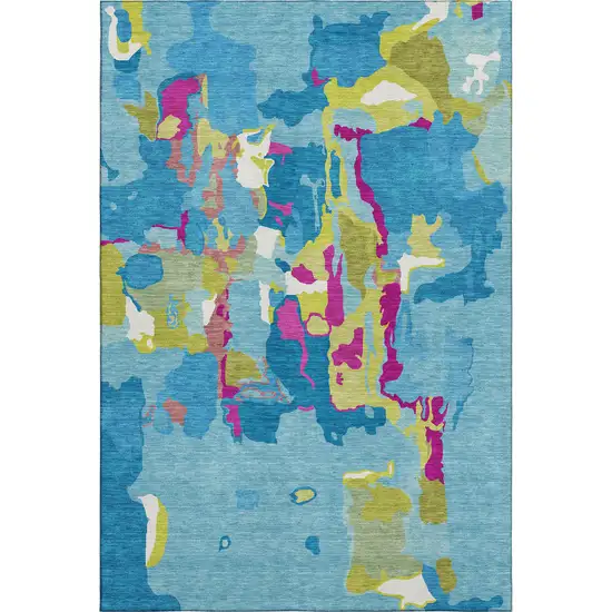 Aqua Lime Green And Pink Abstract Washable Area Rug With UV Protection Photo 5