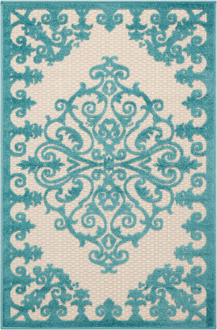 Aqua Damask Indoor Outdoor Area Rug Photo 9