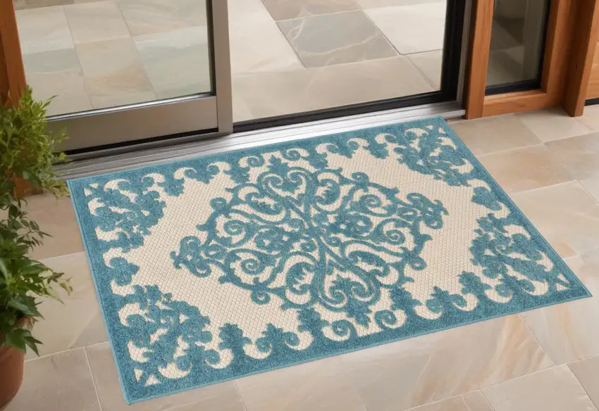 Aqua Damask Indoor Outdoor Area Rug Photo 1