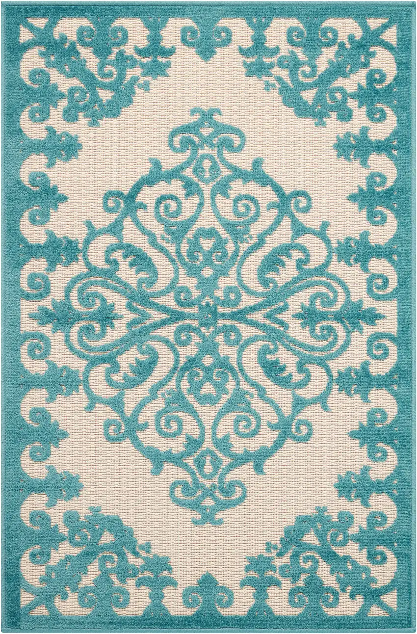 Aqua Damask Indoor Outdoor Area Rug Photo 4