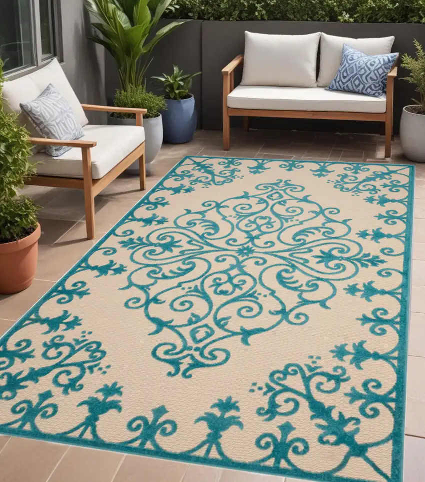 Aqua Damask Indoor Outdoor Area Rug Photo 1