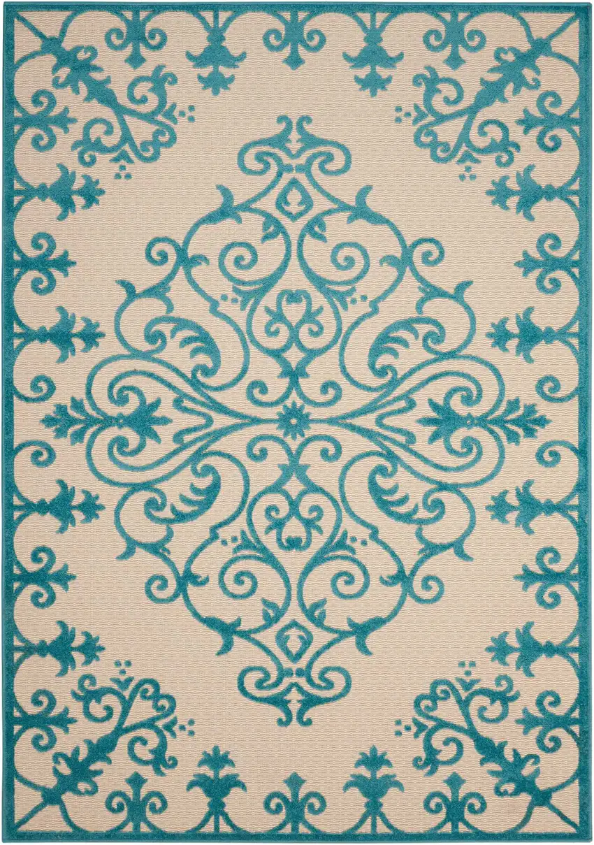 Aqua Damask Indoor Outdoor Area Rug Photo 1