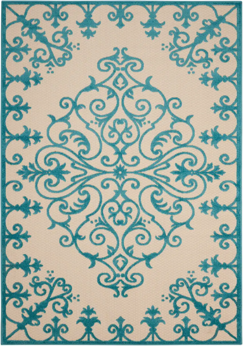 Aqua Damask Indoor Outdoor Area Rug Photo 7