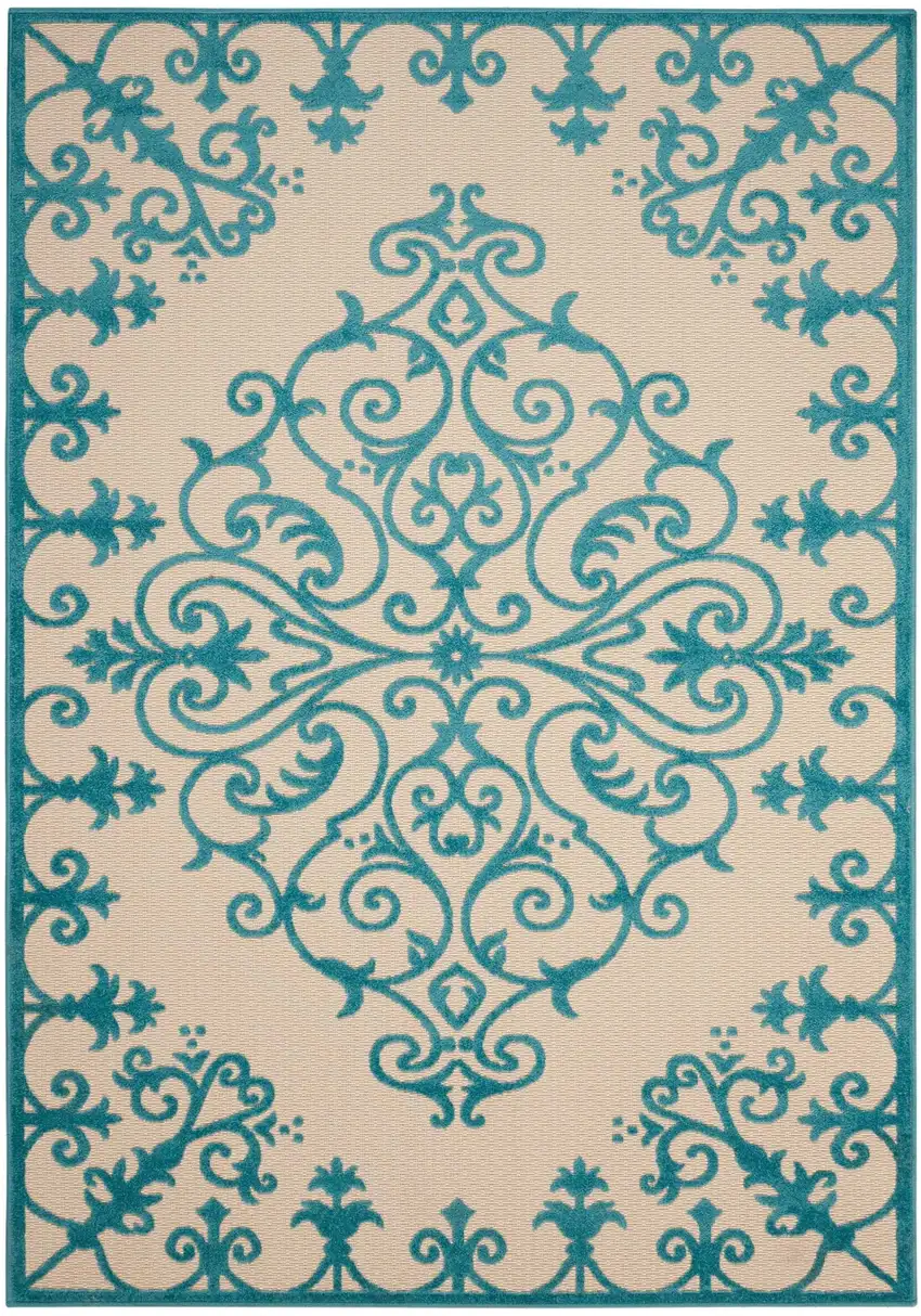 Aqua Damask Indoor Outdoor Area Rug Photo 2
