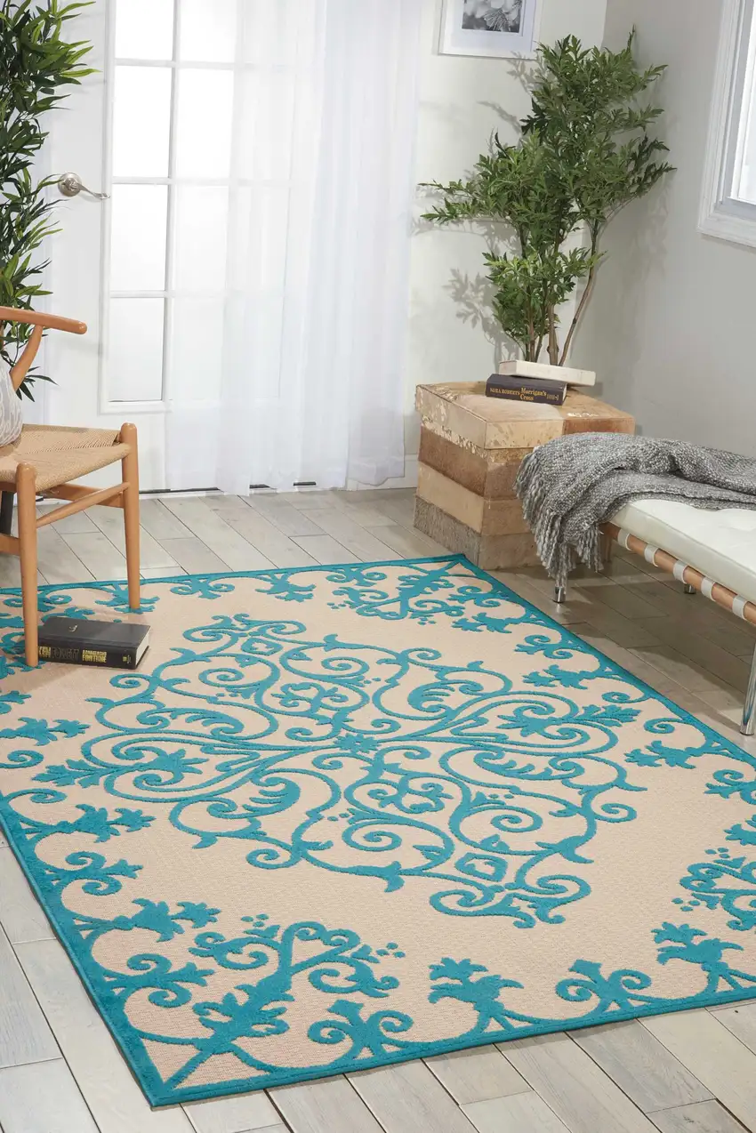 Aqua Damask Indoor Outdoor Area Rug Photo 5