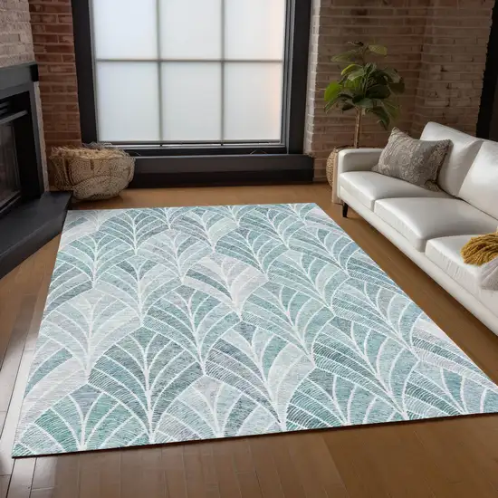 Aqua Mint Green And Silver Geometric Washable Indoor Outdoor Area Rug Photo 9