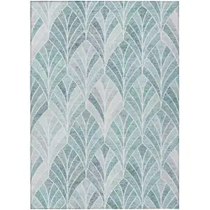 Photo of Aqua Mint Green And Silver Geometric Washable Indoor Outdoor Area Rug