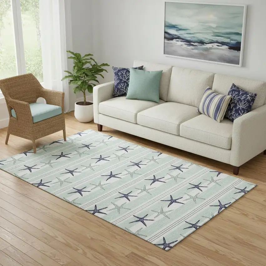 Aqua Navy Blue And Ivory Geometric Washable Area Rug With UV Protection Photo 1