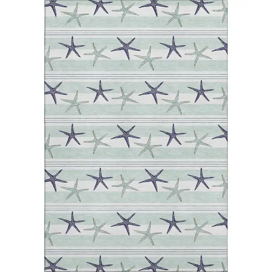 Aqua Navy Blue And Ivory Geometric Washable Area Rug With UV Protection Photo 1