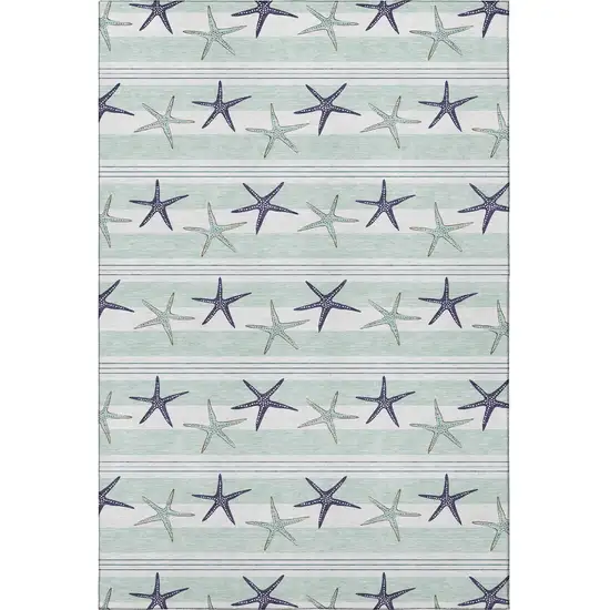 Aqua Navy Blue And Ivory Geometric Washable Area Rug With UV Protection Photo 3