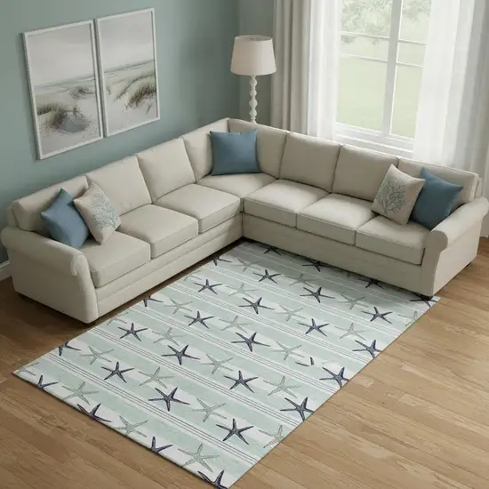 Aqua Navy Blue And Ivory Geometric Washable Area Rug With UV Protection Photo 1