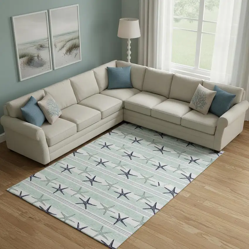 Aqua Navy Blue And Ivory Geometric Washable Area Rug With UV Protection Photo 1