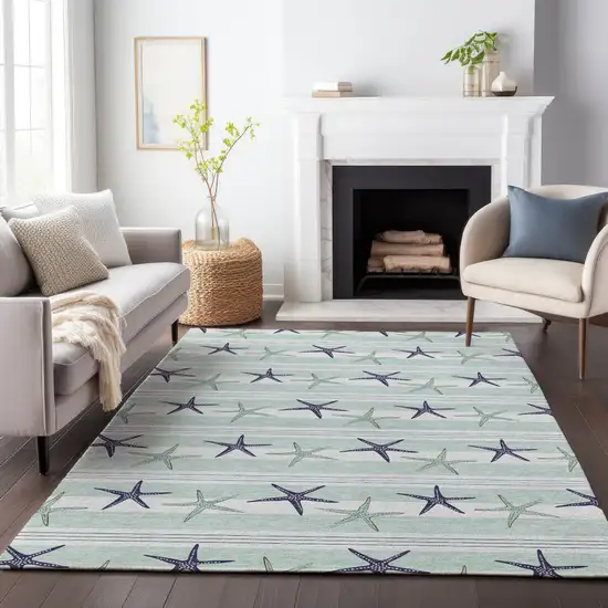 Aqua Navy Blue And Ivory Geometric Washable Area Rug With UV Protection Photo 5