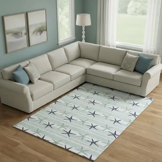 Aqua Navy Blue And Ivory Geometric Washable Area Rug With UV Protection Photo 1