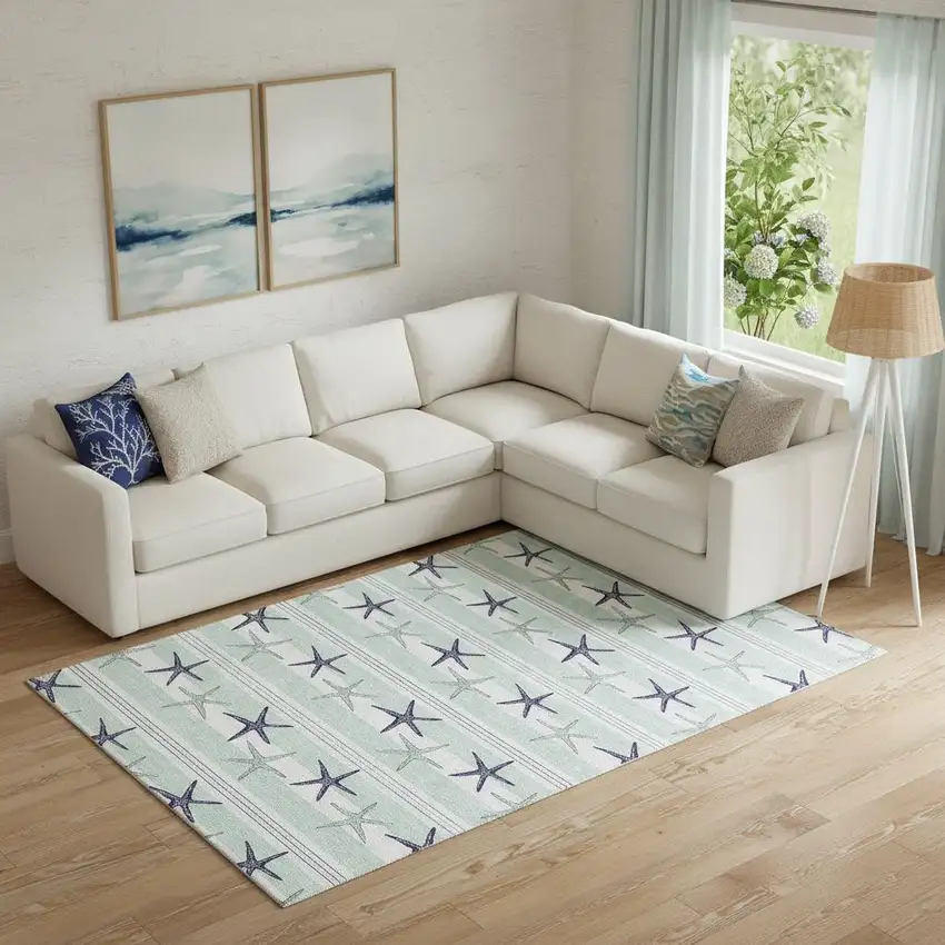 Aqua Navy Blue And Ivory Geometric Washable Area Rug With UV Protection Photo 1