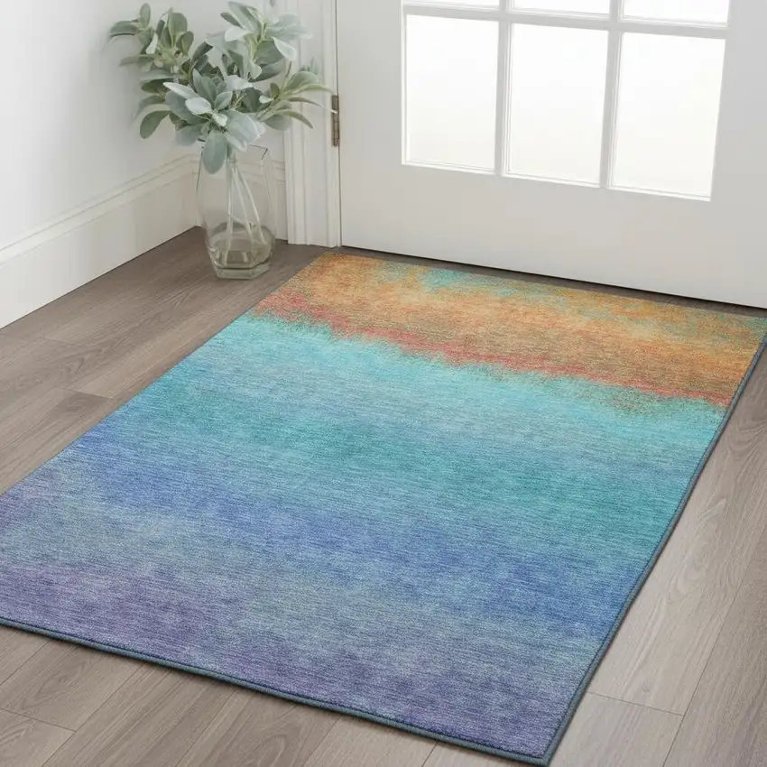 Aqua Orange And Copper Ombre Washable Area Rug With UV Protection Photo 2