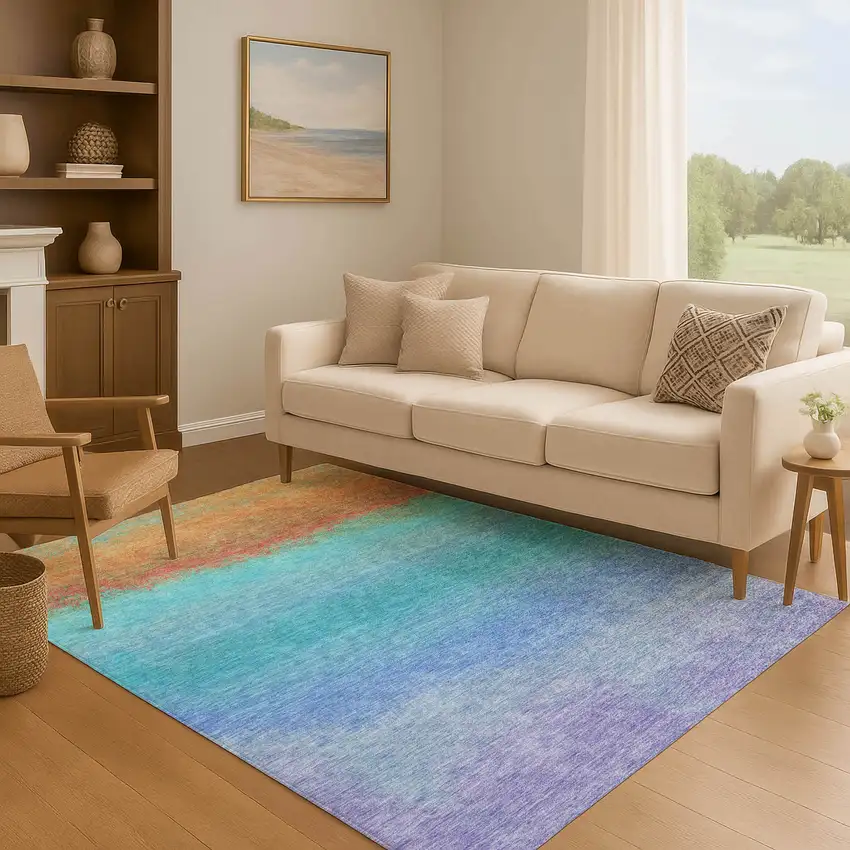 Aqua Orange And Copper Ombre Washable Area Rug With UV Protection Photo 6