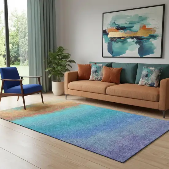 Aqua Orange And Copper Ombre Washable Area Rug With UV Protection Photo 2
