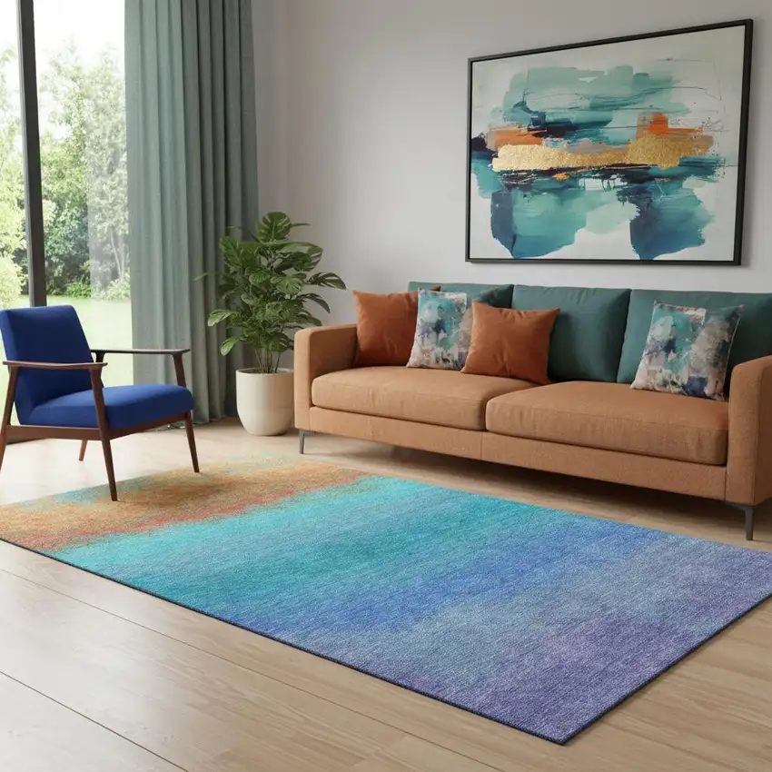 Aqua Orange And Copper Ombre Washable Area Rug With UV Protection Photo 2