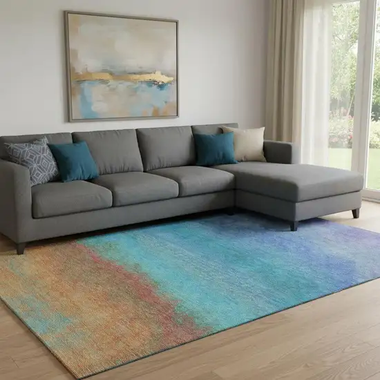 Aqua Orange And Copper Ombre Washable Area Rug With UV Protection Photo 2