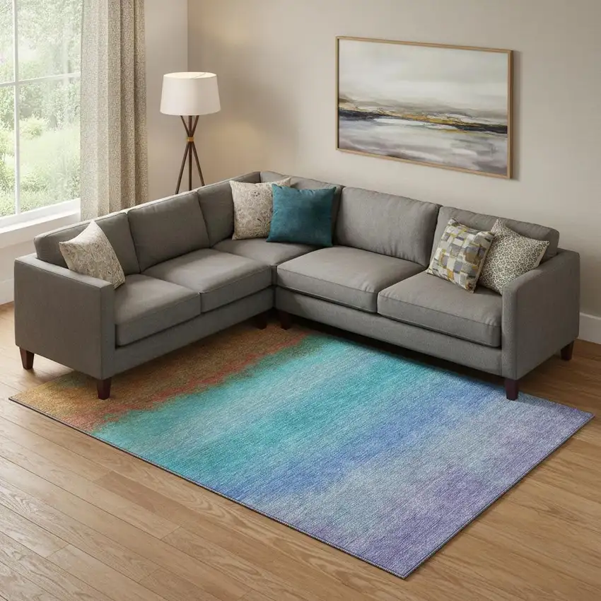 Aqua Orange And Copper Ombre Washable Area Rug With UV Protection Photo 2