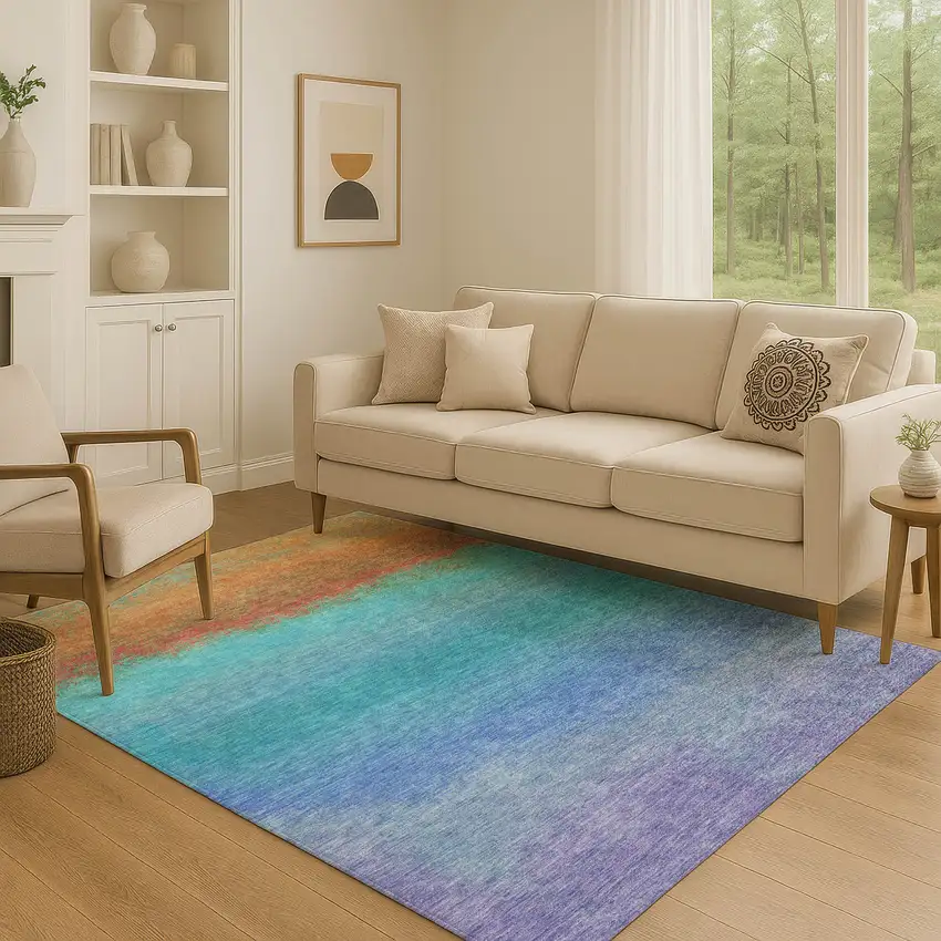 Aqua Orange And Copper Ombre Washable Area Rug With UV Protection Photo 5