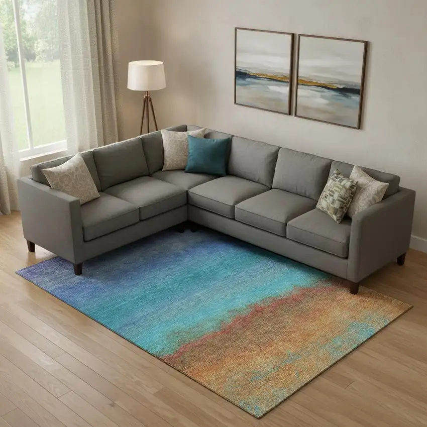 Aqua Orange And Copper Ombre Washable Area Rug With UV Protection Photo 1