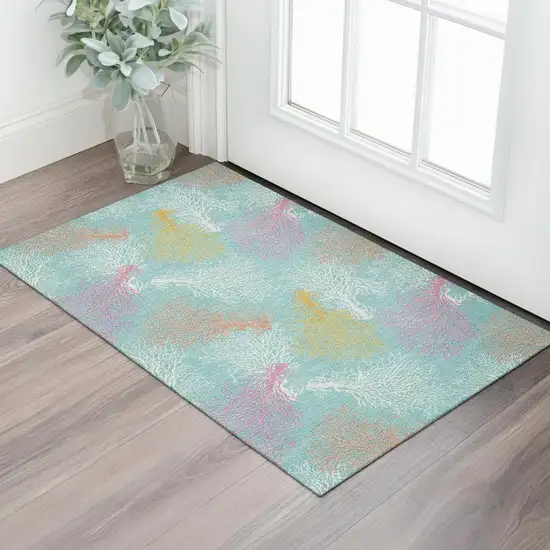 Aqua Orange And Pink Geometric Washable Area Rug With UV Protection Photo 1