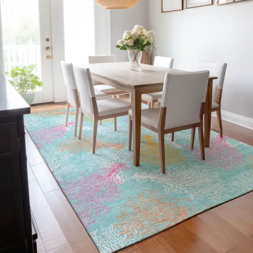 Aqua Orange And Pink Geometric Washable Area Rug With UV Protection Photo 5