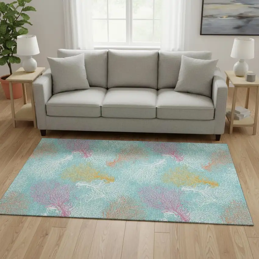 Aqua Orange And Pink Geometric Washable Area Rug With UV Protection Photo 1