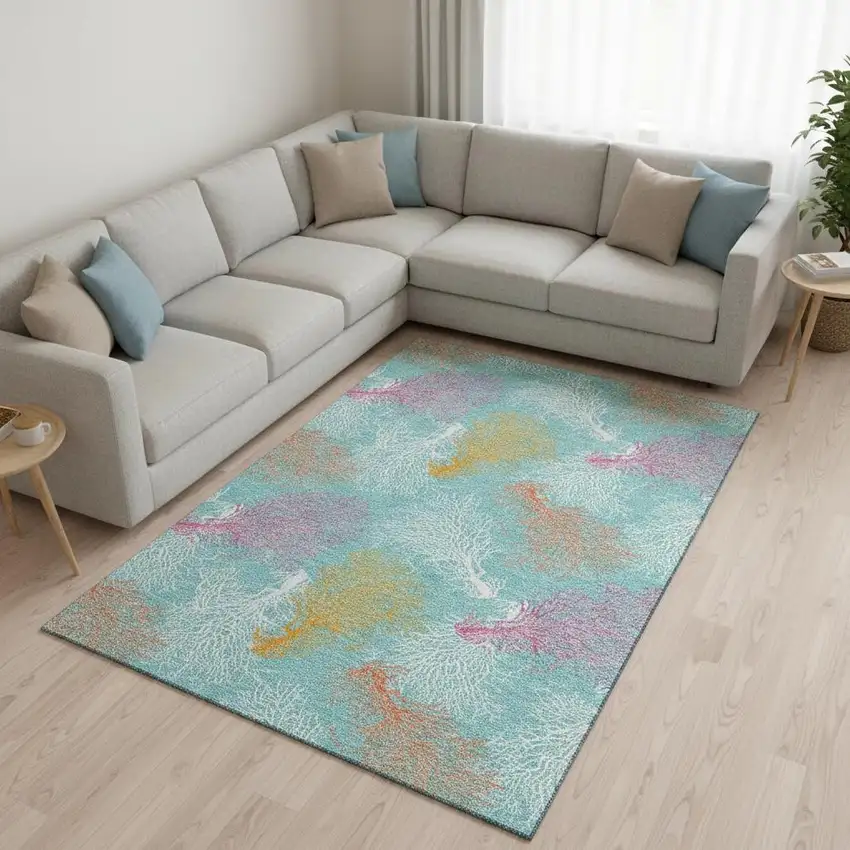 Aqua Orange And Pink Geometric Washable Area Rug With UV Protection Photo 1