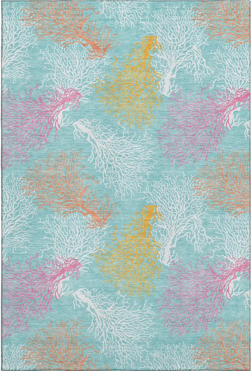 Aqua Orange And Pink Geometric Washable Area Rug With UV Protection Photo 2
