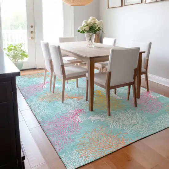 Aqua Orange And Pink Geometric Washable Area Rug With UV Protection Photo 5