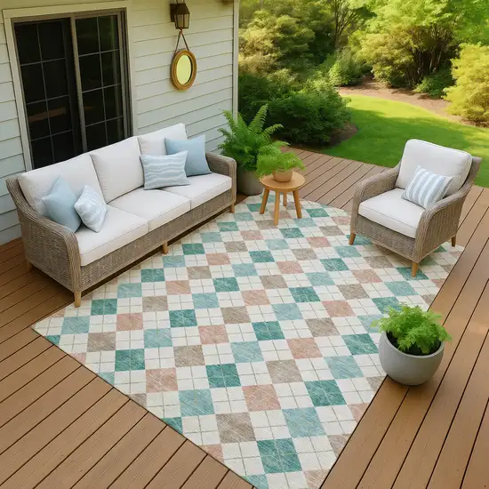 Aqua Peach And Ivory Geometric Washable Indoor Outdoor Area Rug Photo 9