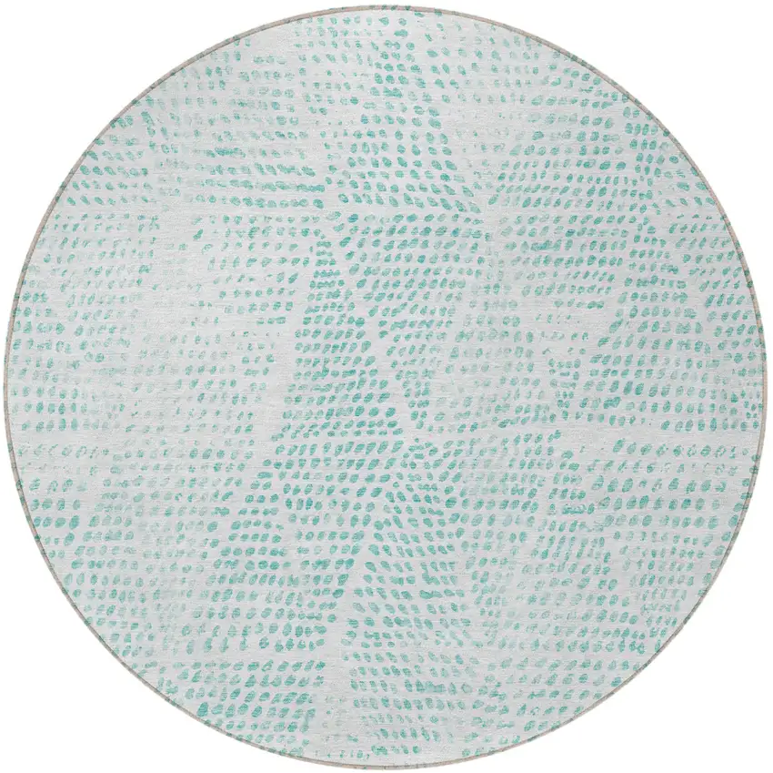 8' Aqua And Ivory Round Geometric Washable Indoor Outdoor Area Rug Photo 5