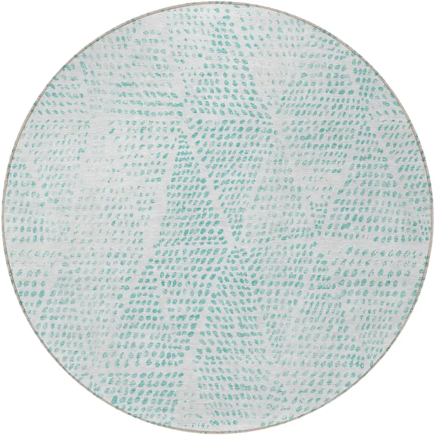 8' Aqua And Ivory Round Geometric Washable Indoor Outdoor Area Rug Photo 5