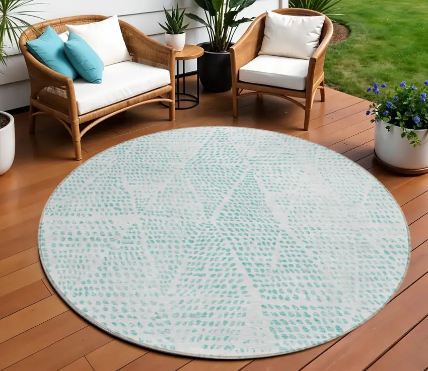 Aqua Round Geometric Washable Non Skid Indoor Outdoor Area Rug Photo 1